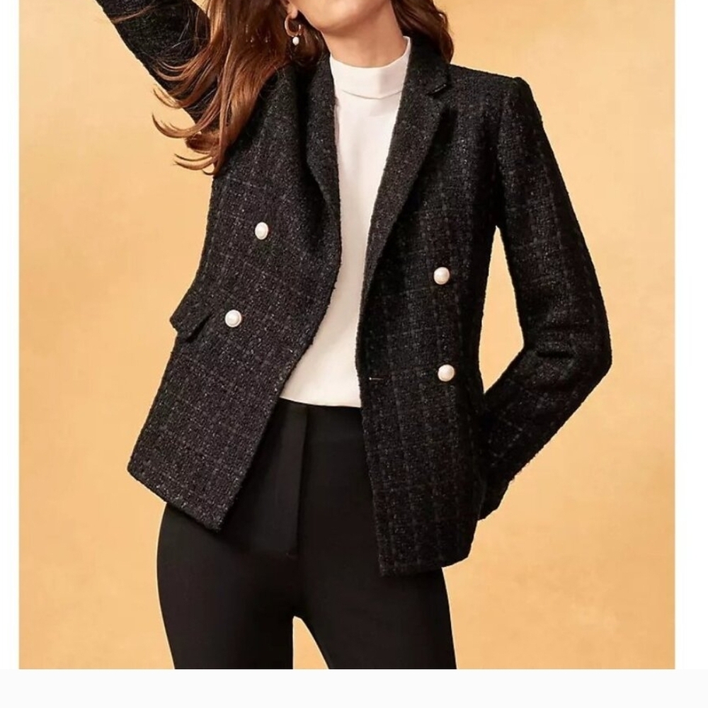 Ann Taylor Black Tweed Blazer with White Accents